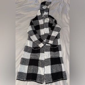 Long knit checkered hooded cardigan